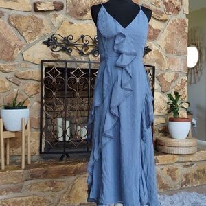Keepsake Hideaway Blue Hydrangea Ruffled‎ Midi Dress Sz L